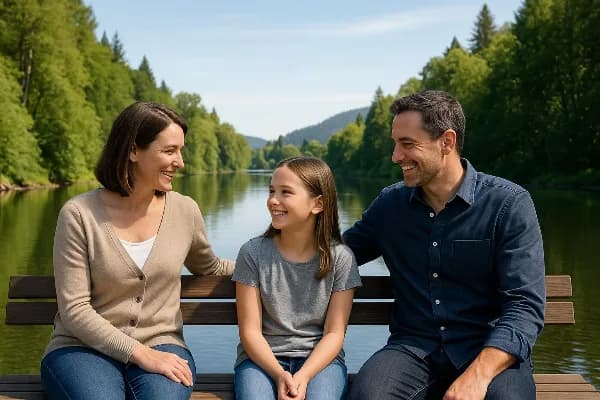 An image of a serene Oregon landscape, featuring a calm river surrounded by lush green trees under a clear blue sky. In the foreground, two parents are sitting on a bench with their child between them, all smiling and looking at each other. This visual sy