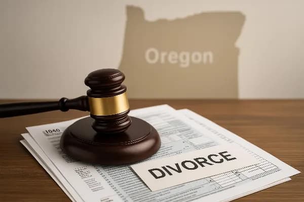An image of a gavel resting on top of a stack of tax documents and divorce papers, symbolizing the intersection of legal and financial considerations in divorce proceedings. The background shows a blurred outline of the state of Oregon map, emphasizing th