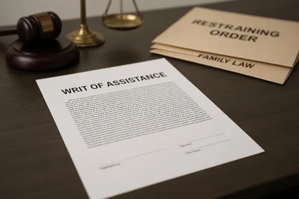 An image of a legal document with the heading "Writ of Assistance" prominently displayed at the top. The document is filled with dense legal text and signature lines, suggesting its official nature. In the background, a gavel and scales of justice are vis