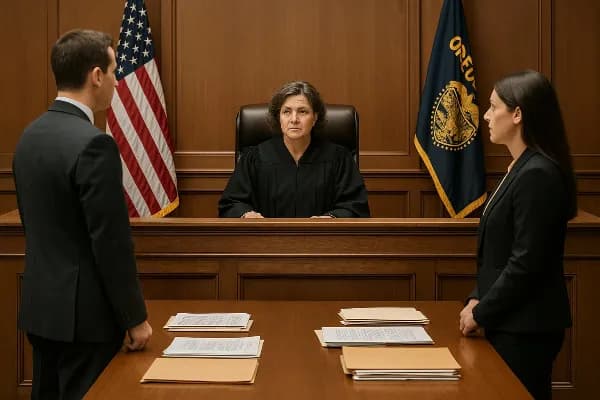 Image of a courtroom setting in Oregon, illustrating the legal environment where decisions on parental rights and adoption are made. The scene includes a judge seated at the bench, wearing traditional judicial robes, with an attentive expression. Attorney