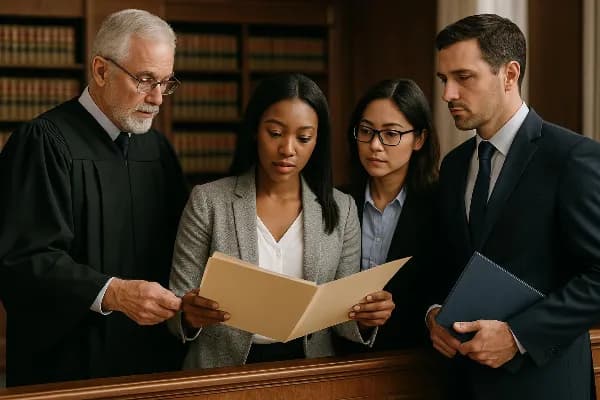 An image shows a diverse group of legal professionals and paralegals standing in a courtroom setting, engaged in discussion. They are reviewing legal documents, with expressions of focus and determination. The backdrop features shelves filled with law boo