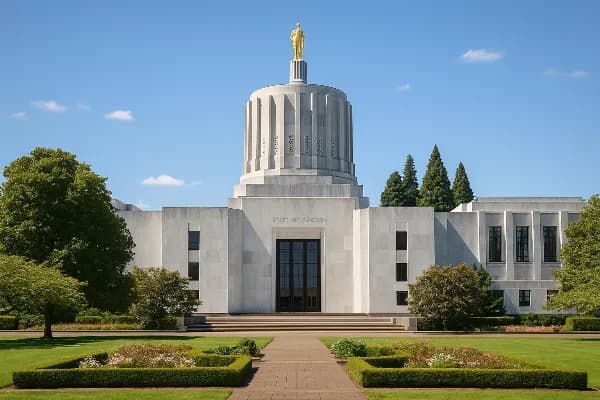 An image of the Oregon State Capitol building in Salem, Oregon, taken from a low angle on a clear day. The iconic white structure is prominently featured against a bright blue sky with minimal cloud cover. In the foreground, lush green trees and well-main