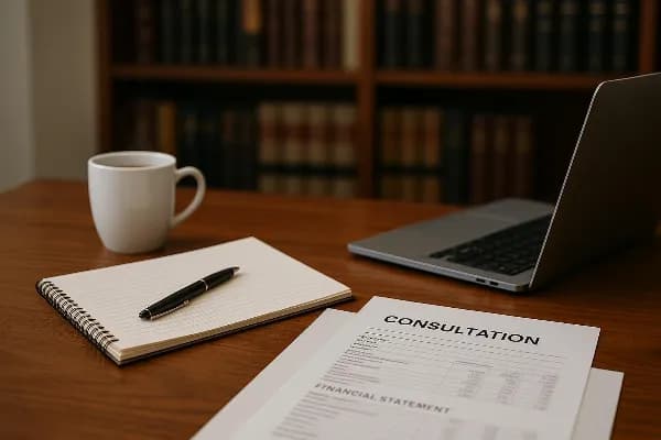 An image of a professional office setting with a close-up view of a wooden desk. On the desk are neatly organized documents, including financial statements and legal papers, alongside a sleek laptop, a pen resting on an open notebook, and a steaming cup o