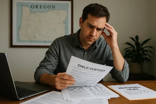 An image depicting a concerned non-custodial parent, sitting at a desk cluttered with legal documents and a laptop. The parent is intently reading through paperwork related to child custody and relocation laws in Oregon. A map of Oregon is visible on the