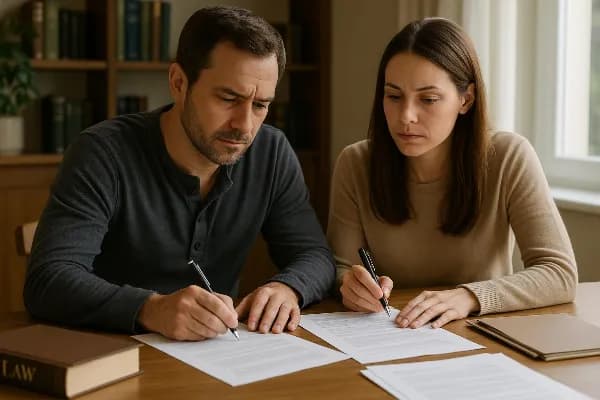 An image of a couple sitting at a table, each holding a pen and reviewing legal documents together. The setting is a cozy, well-lit room with legal books and papers scattered across the table, emphasizing the theme of asset protection in marriage. The exp