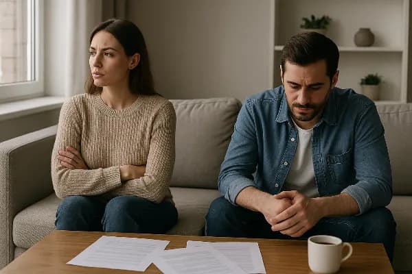 Image shows a distressed couple sitting on opposite ends of a couch in their living room, each looking away from the other. The woman has her arms crossed and gazes out the window with a pensive expression, while the man stares at the floor, appearing dee