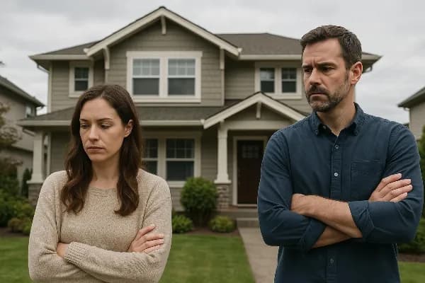 An image of a couple standing in front of a suburban Oregon home, with expressions of contemplation and concern. The house is a two-story structure with a well-maintained garden, symbolizing both financial and emotional investment. The sky is overcast, re
