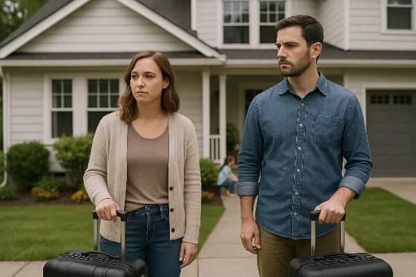 A thoughtful image of a couple standing in front of a two-story suburban home, each holding a suitcase. The expression on their faces is contemplative, suggesting the weight of their decision about whether to leave the family residence during a divorce. T