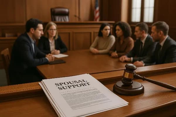 A solemn courtroom setting in Oregon, featuring a wooden judge's bench and chairs. On the bench are legal documents pertaining to spousal support, with a gavel prominently placed beside them. In the foreground, two individuals, representing opposing sides