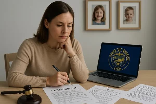 An image depicting a thoughtful parent sitting at a table, surrounded by family law documents and a laptop displaying the Oregon state seal. The parent is holding a pen and appearing focused, symbolizing the careful consideration and planning involved in