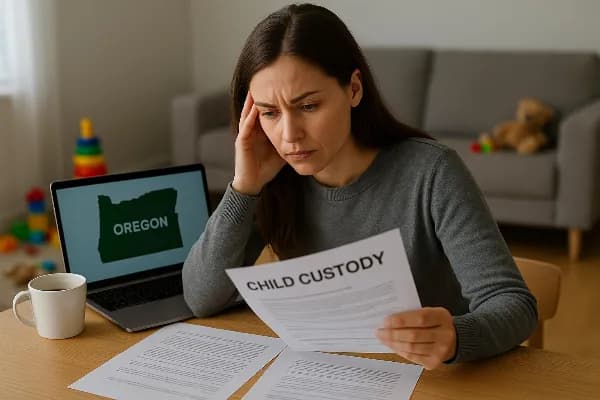 An image of a concerned parent sitting at a table, looking over legal documents with a focused expression. The table is cluttered with papers, a coffee cup, and a laptop displaying Oregon's state map on the screen. In the background, blurred out are child