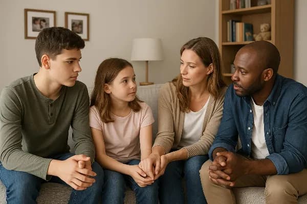 An image of a diverse family sitting together in a cozy living room. The parents, a Caucasian mother and an African American father, are seated on the couch with their two children—a teenage boy and a younger girl—between them. They are engaged in a warm