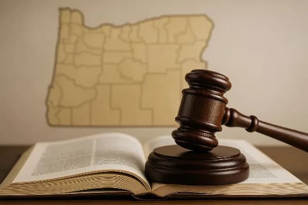 An image of a gavel resting on top of an open law book, symbolizing legal proceedings and decisions. In the background, there is a blurred outline of the state of Oregon map with highlighted regions, representing the jurisdictional focus on child support
