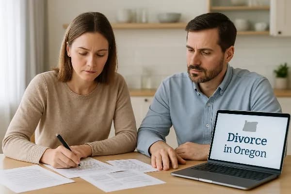 An image of a calm and amicable couple sitting at a dining table in their home, both focused on reviewing documents together. The woman is holding a pen, appearing to make notes or sign papers, while the man looks thoughtfully at the document in front of