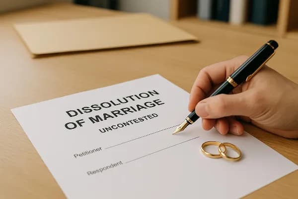 Person signing an uncontested dissolution of marriage form beside wedding rings.