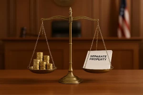 An image of a courtroom with a judge's bench in the background, symbolizing the legal process involved in asset division during Oregon divorce cases. In the foreground, there are two scales of justice placed on a table. One scale is filled with gold coins