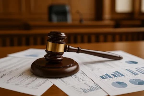 Image depicting a gavel resting on a pile of financial documents, symbolizing the legal and financial complexities involved in divorce asset division. The background shows a blurred courtroom setting, emphasizing the judicial context. The image conveys th