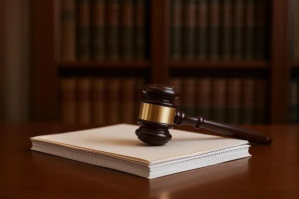 An image of a gavel resting on a stack of legal documents placed on a polished wooden desk. The background features blurred bookshelves filled with law books, indicating a legal office or courtroom setting. This image symbolizes the legal proceedings and