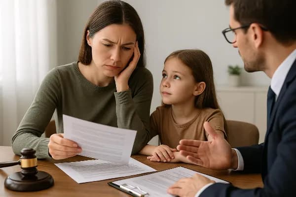 Image of a concerned parent and child sitting together at a table, surrounded by legal documents. The parent is looking intently at the papers, while the child gazes up at them with a trusting expression. A lawyer sits across from them, gesturing towards