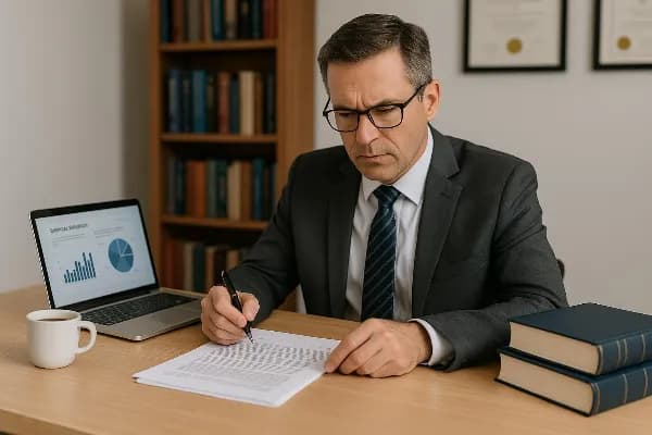 An image of a professional office setting with a focus on a middle-aged man in business attire sitting at a desk, deeply engaged in reviewing legal documents related to business valuation. On the desk are visible items such as an open laptop displaying gr