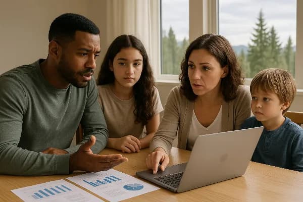 An image depicting a diverse Oregon family sitting together at a dining table, discussing financial documents and looking at a laptop screen. The parents appear to be in conversation, while two children, one older and one younger, observe with curiosity.