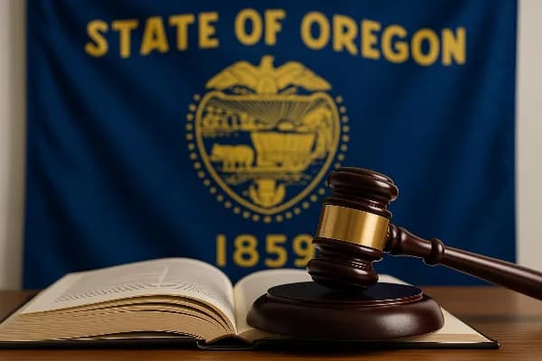 An image of a judge's gavel resting on an open law book, symbolizing the legal proceedings involved in child custody determinations. The background features the Oregon state flag, emphasizing the jurisdiction where these custody decisions are made. The co