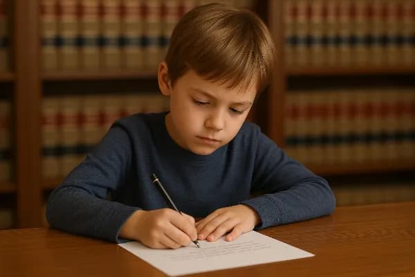 A young child sitting at a wooden desk, writing a letter with a focused expression. The background shows a blurred image of legal books on shelves, symbolizing the intersection of children's perspectives and legal processes in custody decisions. The child