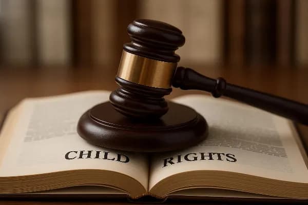 An image of a gavel resting on an open law book, symbolizing the legal aspects of child rights in family law. The background is softly blurred to emphasize the focus on the gavel and book, representing judicial authority and legal knowledge. The setting s