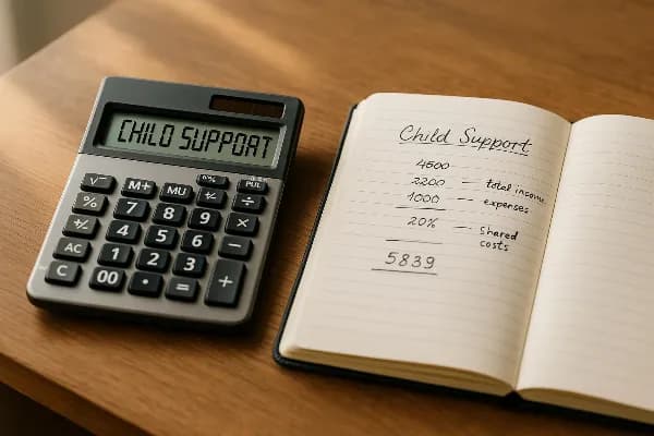 Image shows a close-up of a calculator and an open notebook on a wooden desk. The calculator displays numbers, symbolizing the calculation process involved in determining child support obligations. Beside it, the notebook is filled with handwritten notes