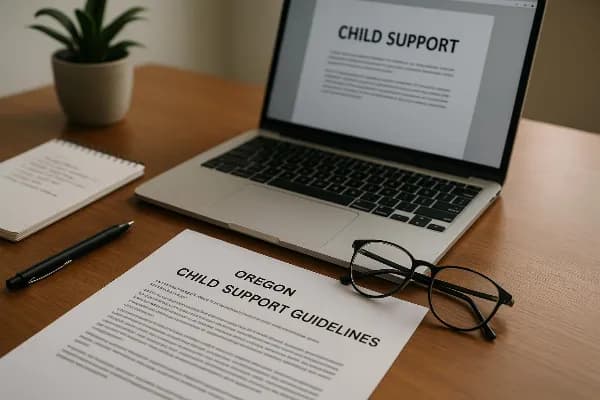An image of a family law attorney's office desk in Oregon, featuring legal documents related to child support cases. The desk is organized with a laptop displaying legal software, a notepad with handwritten notes, and a printed copy of the Oregon Child Su