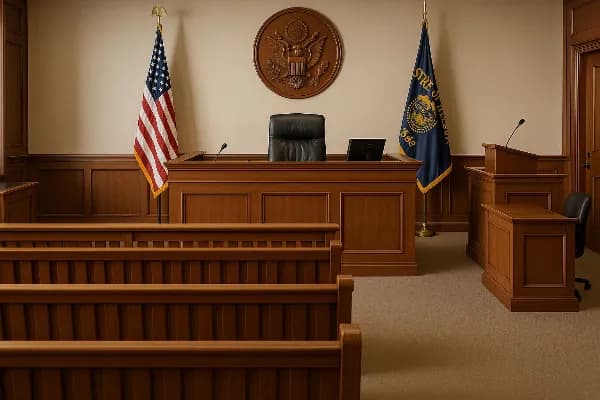 An image of a courtroom interior with wooden benches and a judge's bench, symbolizing the formal setting where child support modifications may be legally addressed. The room is well-lit, with Oregon state flags visible in the background, reinforcing the l