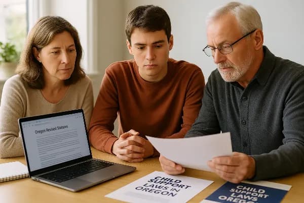 A family sitting together at a table, reviewing legal documents. The scene includes a middle-aged woman, a teenage boy, and an older man who appears to be explaining the contents of the papers. The table is scattered with notebooks and brochures related t