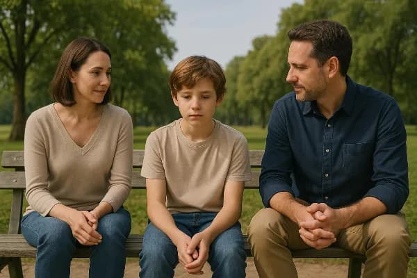 A thoughtful image depicting a child sitting between two parents at a peaceful park setting. The child appears to be around 10 years old, wearing casual clothing and looking contemplative. Both parents are dressed in everyday attire, sitting on either sid