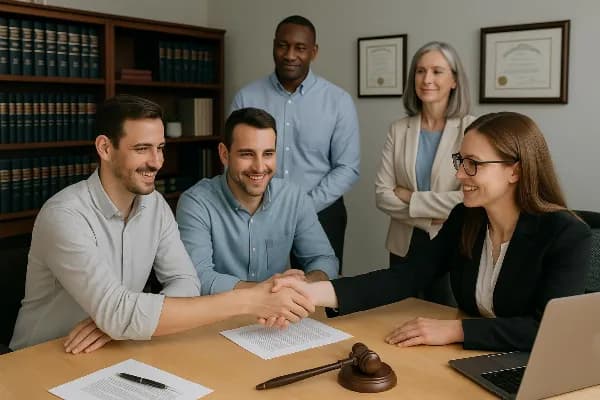 An image depicting a peaceful and collaborative divorce process in Oregon. The scene shows a diverse group of individuals, including a couple and their attorneys, sitting around a conference table in a law office. They are engaged in friendly discussion,