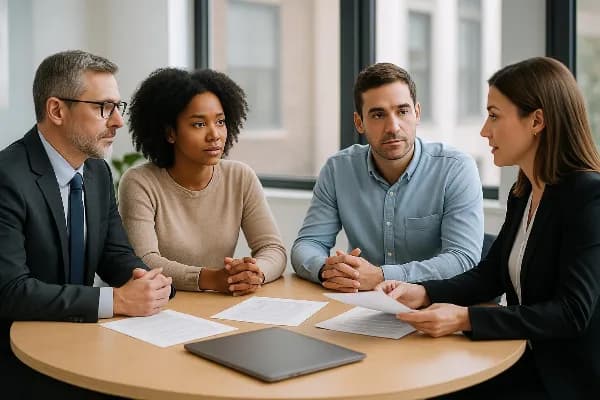 A diverse couple sits at a round table with their collaborative divorce attorneys in a modern office setting. The atmosphere is calm and professional, with documents and laptops open in front of them. Both spouses appear engaged and attentive as they disc