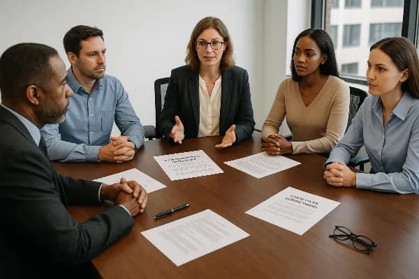 Image of a collaborative divorce team meeting in Oregon. The scene depicts a diverse group of professionals seated around a conference table, including each spouse with their respective attorneys. A facilitator is present, guiding the discussion. On the t