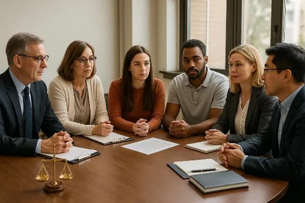 An image depicting a collaborative divorce meeting in Oregon. A diverse group of professionals is seated around a conference table, including two attorneys, a child specialist, a divorce coach, and a financial expert. They are engaged in discussion with a