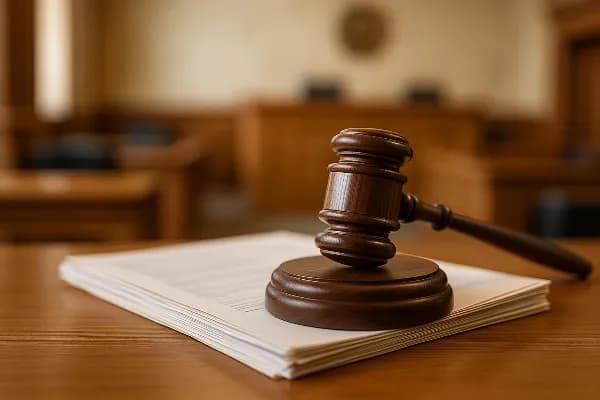 A close-up image of a gavel resting on a stack of legal documents, symbolizing the legal proceedings involved in divorce. The background shows a blurred out-of-focus courtroom setting, suggesting the formal environment where divorce cases are heard. The i
