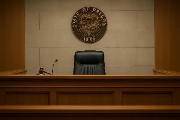 An image of a courtroom setting in Oregon, featuring a judge's bench with the state seal of Oregon prominently displayed on the wall behind it. The courtroom is empty, symbolizing the legal aspects and formalities involved in child support cases. The ligh