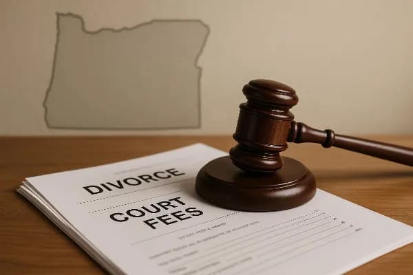 An image of a gavel resting on top of a stack of legal documents, symbolizing the legal proceedings involved in divorce cases. The documents are partially visible and include text that appears to relate to court filings and fees, reflecting the financial