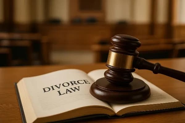 An image of a gavel resting on top of an open law book, with the words "Divorce Law" visible on the page. The background features a softly blurred courtroom setting, symbolizing the legal nature of divorce proceedings. This visual represents the concept o