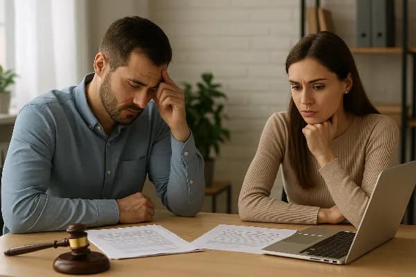 A couple sits across from each other at a table, appearing deep in thought. They are surrounded by legal documents and a laptop, symbolizing the complexities of divorce and legal separation proceedings in Oregon. The setting suggests an informal meeting o