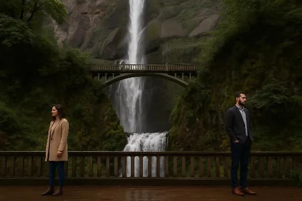 An image depicting a serene Oregon landscape, featuring the iconic Multnomah Falls surrounded by lush greenery. In the foreground, a couple is seen standing apart on either side of a wooden footbridge that crosses the waterfall's base, symbolizing separat