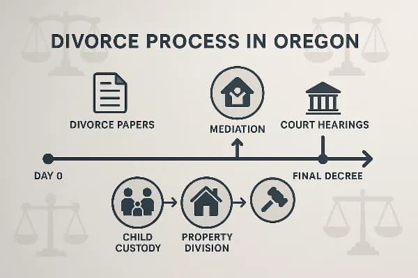 An illustration depicting a timeline of the divorce process in Oregon. The timeline starts at "Day 0" with the filing of divorce papers and progresses through various stages such as mediation, court hearings, and final decree issuance. Icons representing