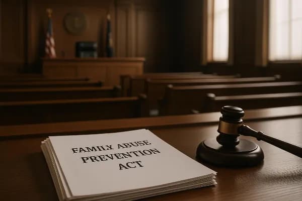 An image depicting a solemn courtroom setting with an empty judge's bench and rows of wooden pews. The room is softly lit, emphasizing the gravity and seriousness of legal proceedings. In the foreground, a stack of legal documents labeled "Family Abuse Pr