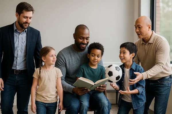 A diverse group of fathers with their children, symbolizing the evolving role of fathers in Oregon child custody cases. The image features a variety of family dynamics, including a father holding his child's hand, another father reading a book with his ch