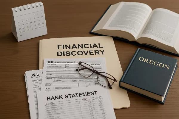 An organized desk with neatly stacked financial documents, including tax returns, W-2 forms, and bank statements. A calendar and a legal book open to a section of Oregon statutes are visible in the background, symbolizing the meticulous preparation requir