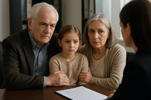 An elderly couple, both with gray hair, sit together on a cozy living room sofa, surrounded by framed family photos. The grandmother lovingly reads a colorful storybook to a young girl with curly hair who sits on her lap, listening intently. The grandfath