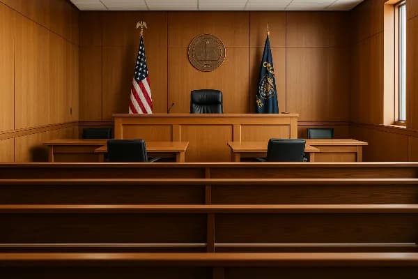An image of a courtroom interior in Oregon, featuring rows of wooden benches leading up to a judge's bench. The American and Oregon state flags are visible behind the judge's seat. The setting is empty, symbolizing the legal environment where child custod