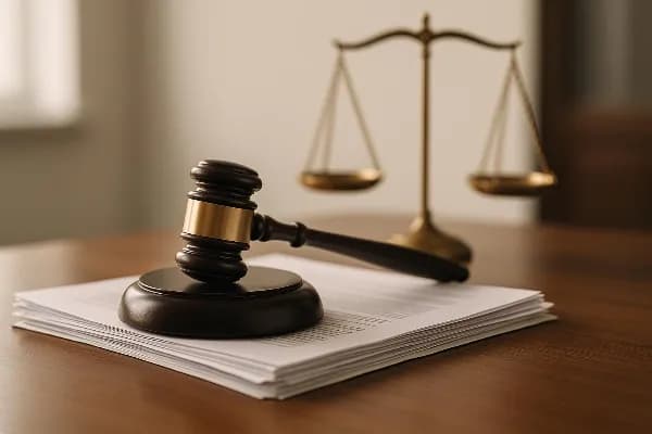An image of a gavel resting on top of a stack of legal documents, symbolizing the legal intricacies involved in Oregon divorce proceedings where abandonment plays a role. In the background, there is a scale of justice representing fairness and balance in